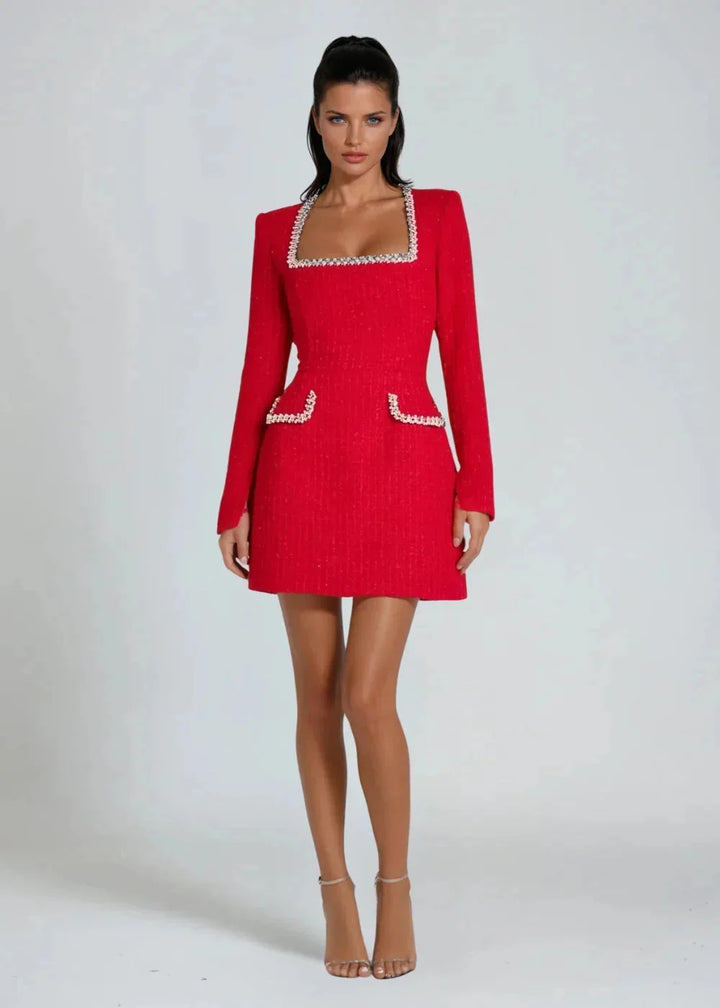 Red mini dress with intricate beaded trim detail, fitted silhouette. Made of high-quality fabric, perfect for a chic and…
