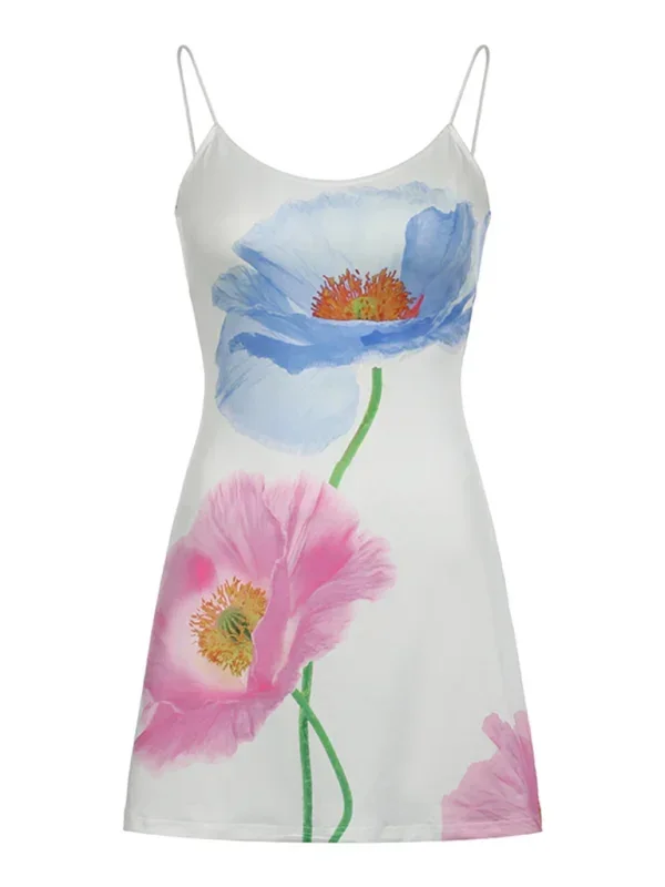 "White fitted mini dress with floral prints, perfect for summer. Made from breathable cotton blend material."