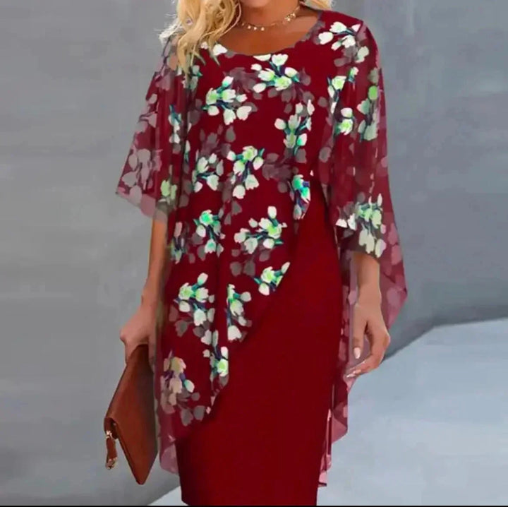 Red shift dress with floral overlay made of flowy fabric. Perfect for an elegant and feminine look.