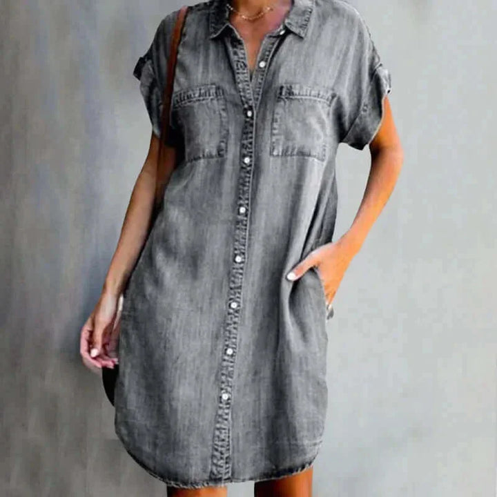 Gray denim shirt dress, Lois design. Relaxed-fit, casual chic style. Button-up front, long sleeves, versatile wardrobe…